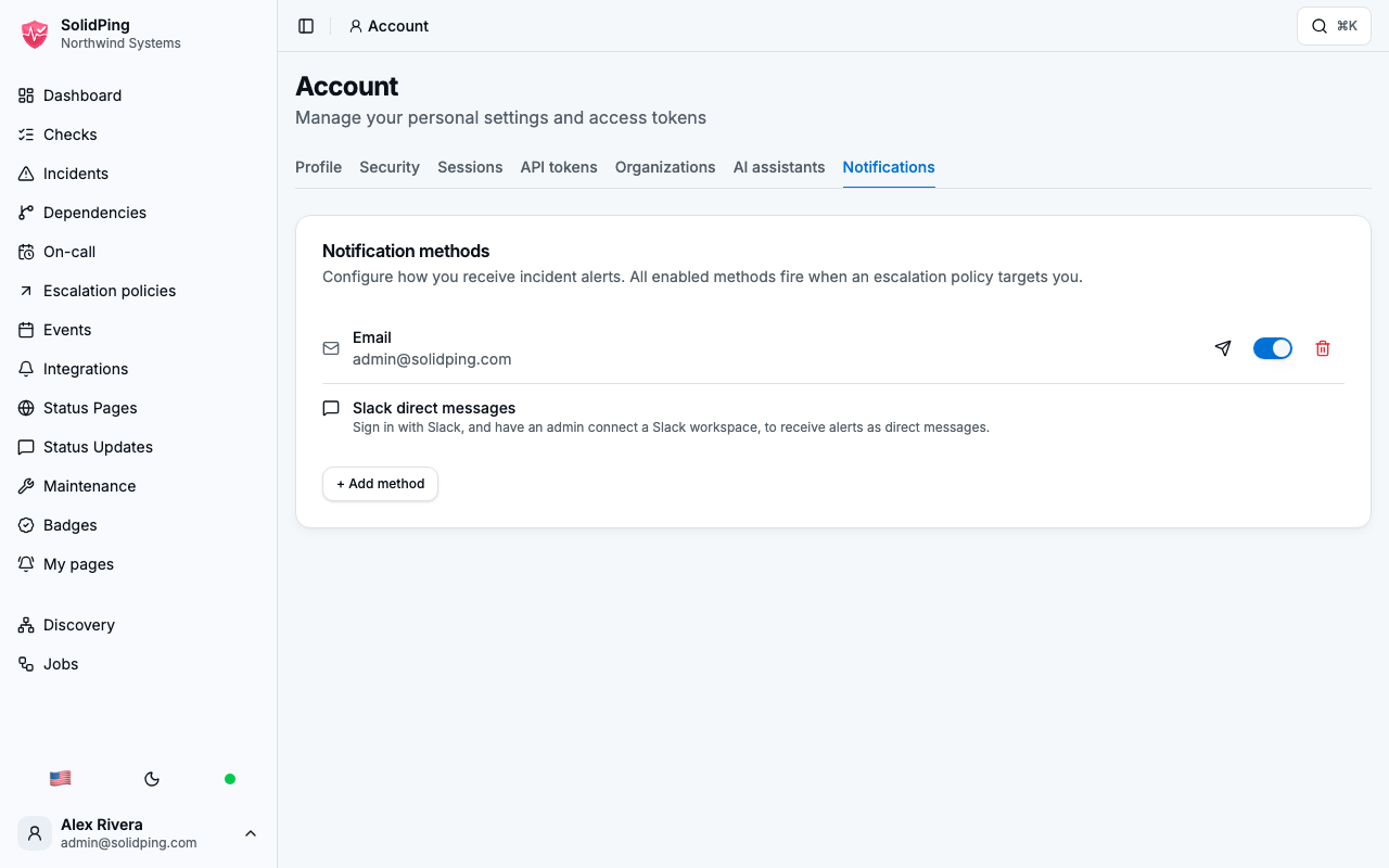 Account → Notifications showing only an email contact and no phone number