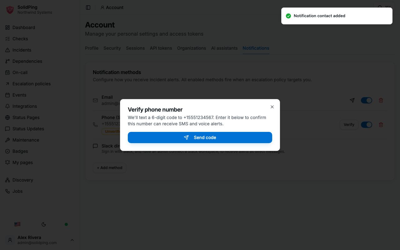 The verification dialog offering to text a 6-digit code to the number entered